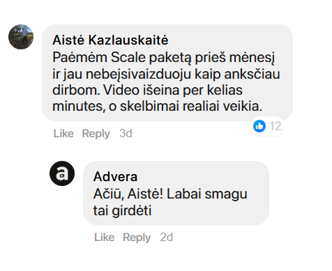 Aistė Kazlauskaitė komentaras Facebooke ir Advera atsakymas